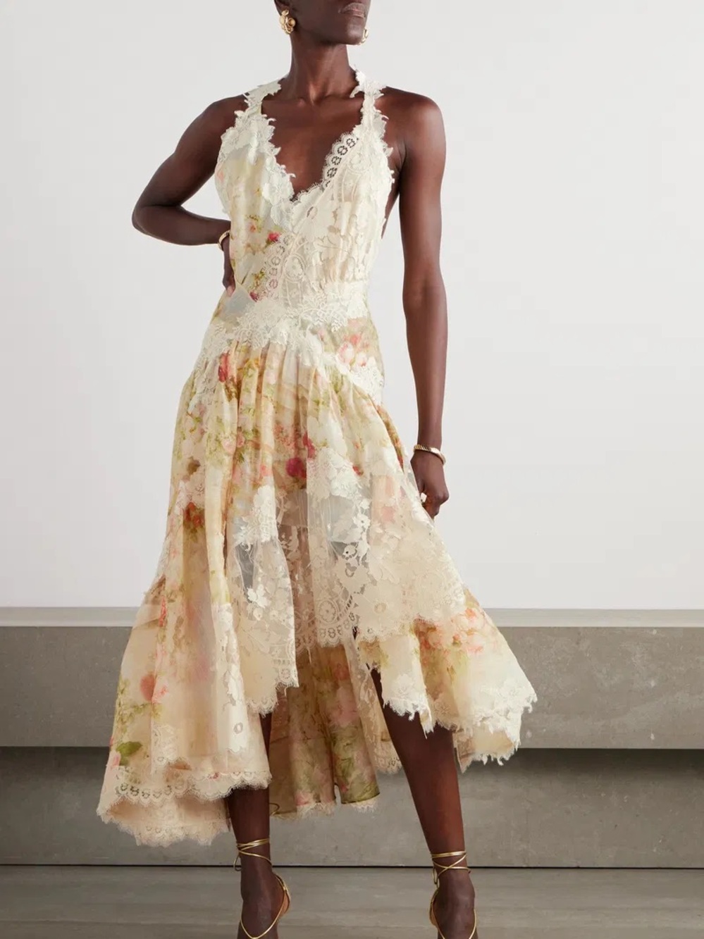 ZIMMERMANN Asymmetric lace-trimmed floral-print linen & silk-blend maxi dress